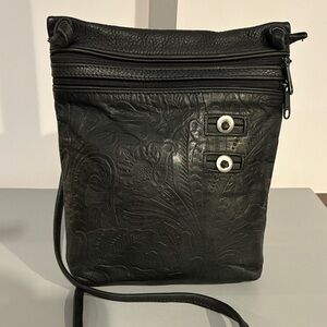 Black Embossed Leather Crossbody Bag with Silver Accent Hardware